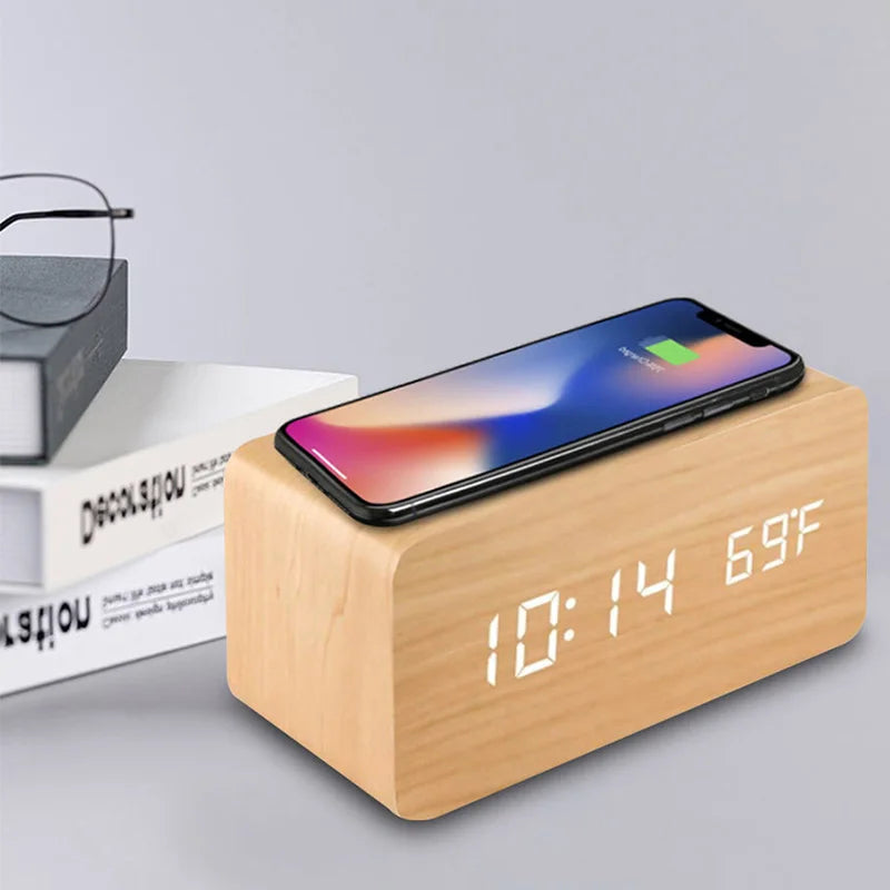 Wooden Digital Alarm Clock with Wireless Charging